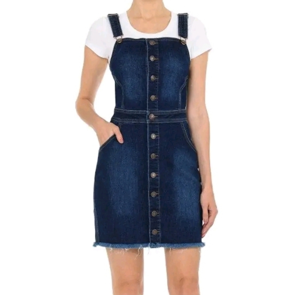Dark Wash Denim Dress Exposed Button Front Frayed Hem Fitted Stretch S M L